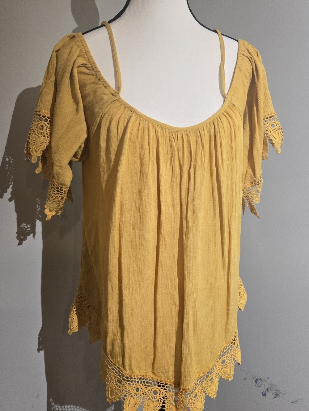 A.t.a.p. Boot Barn Mustard Yellow Women’s Crochet-Trim Cold Shoulder Summer Top